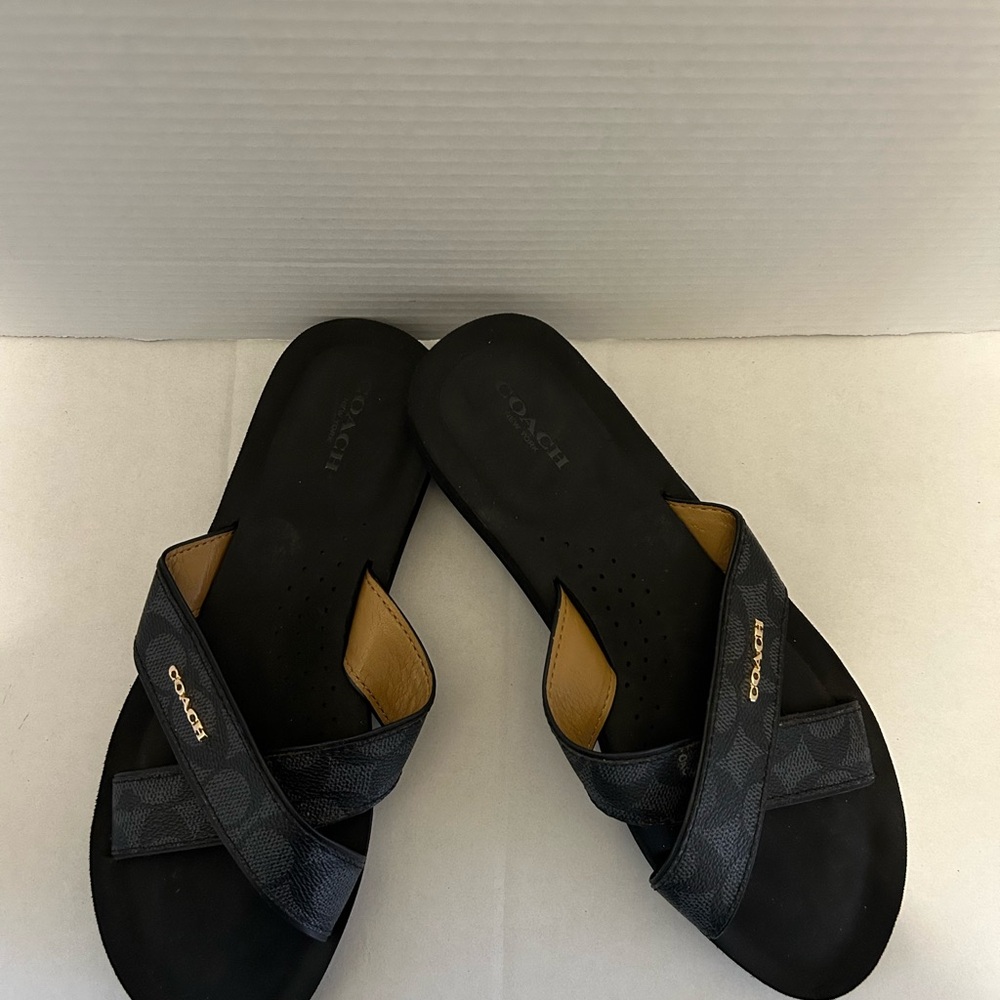 Coach Women's Black & Brown Signature Cross-Strap Slide Sandals - Picture 4 of 9